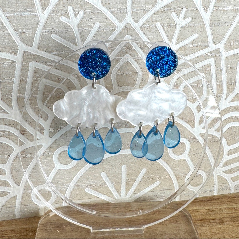 Rain Cloud Raindrop Dangle Earrings Blue Glitter Whimsical New